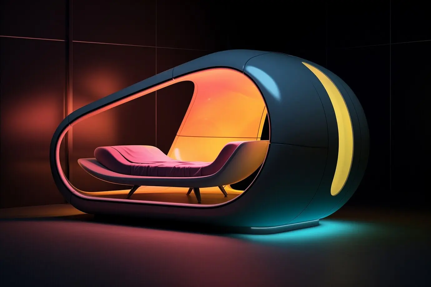 Blick auf ein futuristisches Schlafzimmer mit Möbeln.